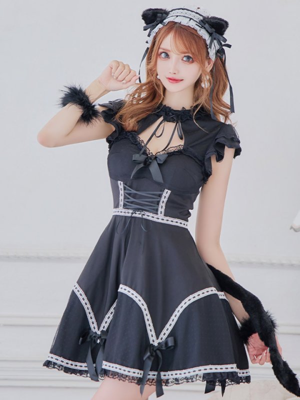 画像4: 【SALE!!】【即日発送】【ハロウィン】 レースアップブラックキャット 【コスプレ4点セット】【S-Lサイズ/1カラー】[HC03] (4)