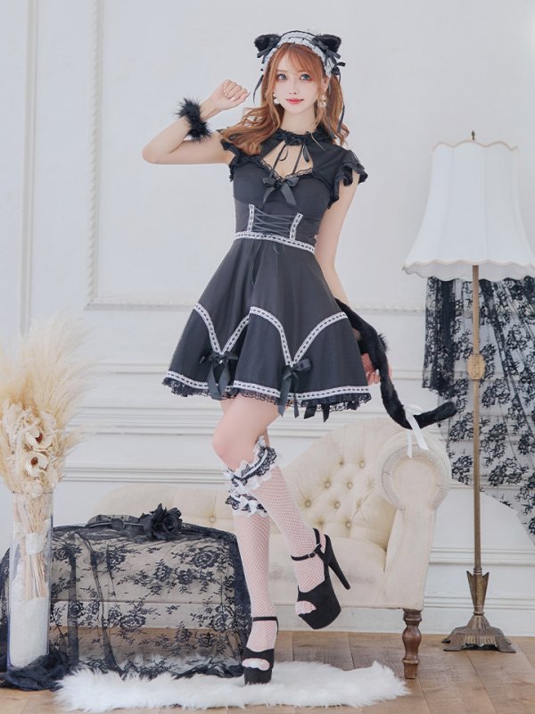 画像11: 【SALE!!】【即日発送】【ハロウィン】 レースアップブラックキャット 【コスプレ4点セット】【S-Lサイズ/1カラー】[HC03] (11)