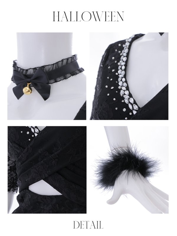 画像20: 【SALE!!】【即日発送】【ハロウィン】 ブラックレースキャット/オールインワン/黒猫 【コスプレ5点セット】【S-Lサイズ】[OF01] (20)