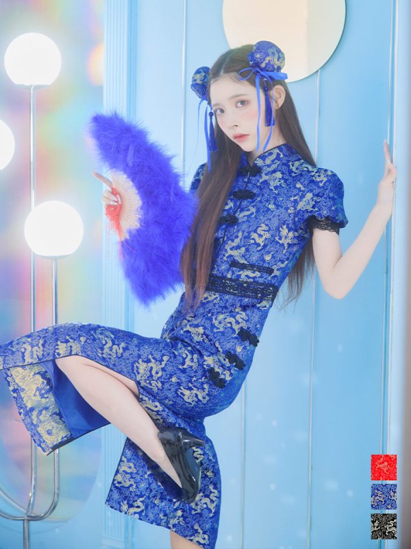 画像2: 【即日発送】【ハロウィン】 緩苺ちゃん着用 パフスリーブチャイナドレス【コスプレ2点セット】【S-XLサイズ/3カラー】(SE01YN)[OF04] (2)