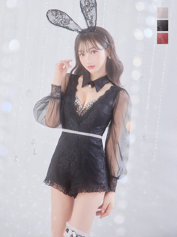 画像2: 【ハロウィン】 レースバニーオールインワン 【コスプレ5点セット】【S-Lサイズ/3カラー】[OF04] (2)