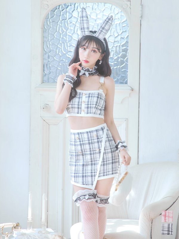 画像2: 【SALE!!】【即日発送】【ハロウィン】 ツイードバニーラップススカートセットアップコスプレ【コスプレ7点セット】【S-Mサイズ/2カラー】[OF01] (2)