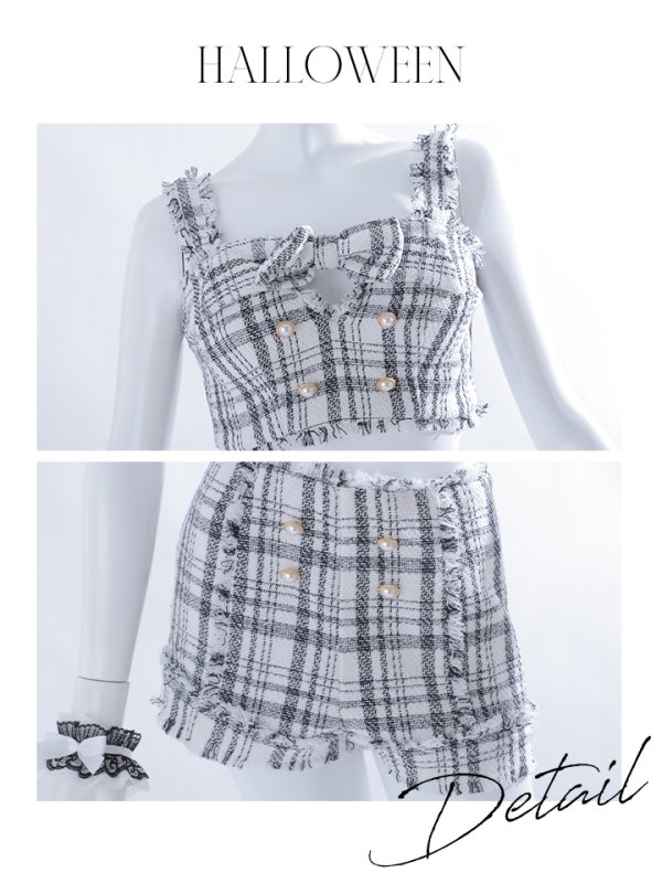 画像33: 【SALE!!】【即日発送】【ハロウィン】ツイードバニーセットアップ（パンツ&スカートタイプ）【コスプレ6点セット】 【XS-Mサイズ/2カラー】[OF04] (33)