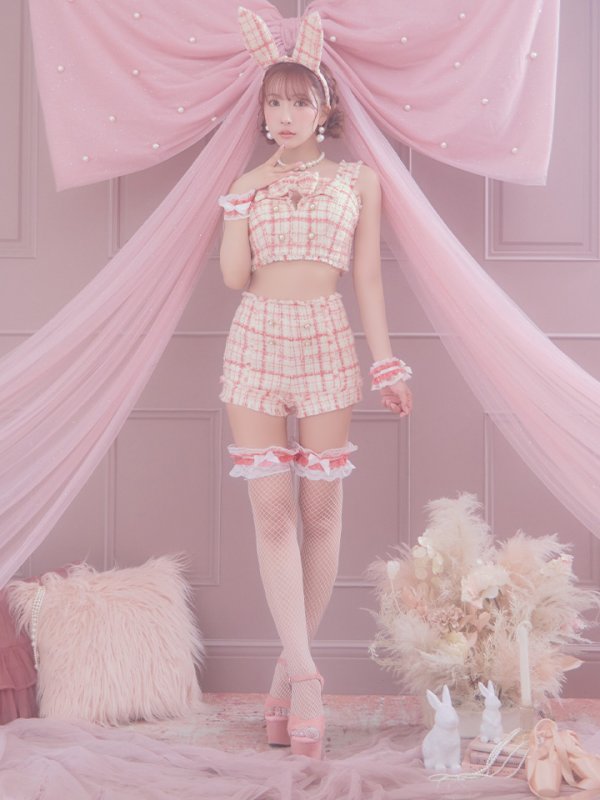 画像15: 【SALE!!】【即日発送】【ハロウィン】ツイードバニーリボンセットアップ（パンツ）【コスプレ6点セット】 【XS-Mサイズ/2カラー】[OF04] (15)