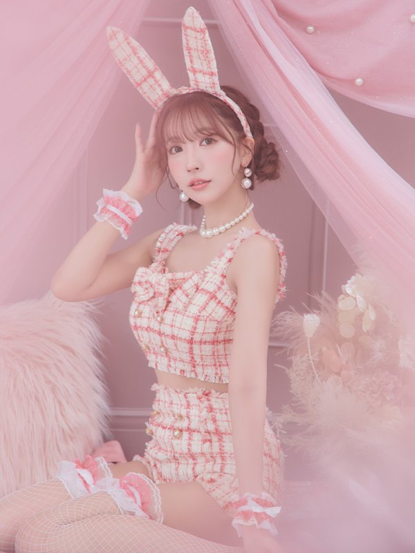 画像17: 【SALE!!】【即日発送】【ハロウィン】ツイードバニーリボンセットアップ（パンツ）【コスプレ6点セット】 【XS-Mサイズ/2カラー】[OF04] (17)