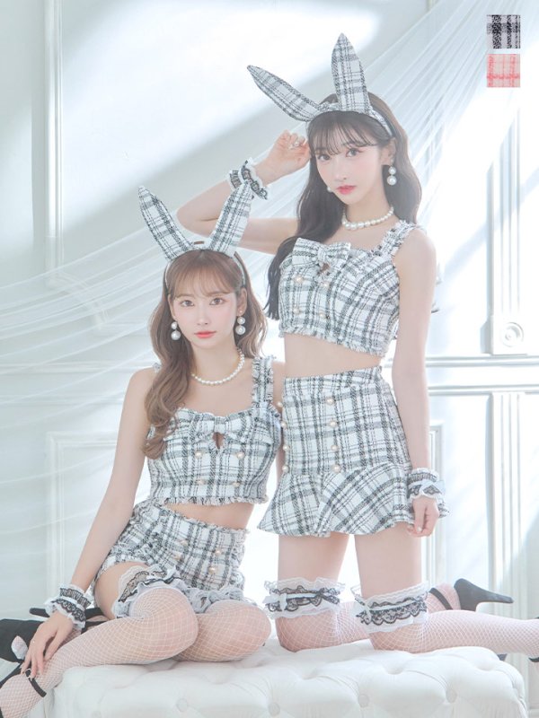 画像2: 【SALE!!】【即日発送】【ハロウィン】ツイードバニーセットアップ（パンツ&スカートタイプ）【コスプレ6点セット】 【XS-Mサイズ/2カラー】[OF04] (2)