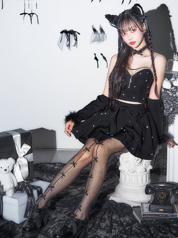 画像1: 【即日発送！】【ハロウィン】ビジューブラックキャットセットアップ 【コスプレ7点セット】[HC03] (1)