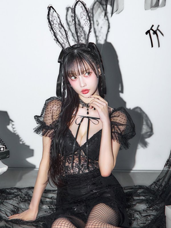 画像13: 【即日発送！】【ハロウィン】セクシーレースバニー半袖セットアップ 【コスプレ7点セット】[HC03] (13)