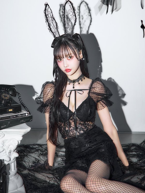 画像2: 【即日発送！】【ハロウィン】セクシーレースバニー半袖セットアップ 【コスプレ7点セット】[HC03] (2)