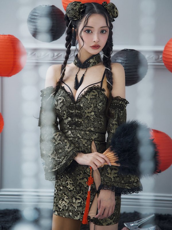 画像14: 【即日発送！】【ハロウィン】 オフショルチャイナワンピース 【コスプレ6点セット】 【XS-Lサイズ/3カラー】(SE01YN)[YMT] (14)