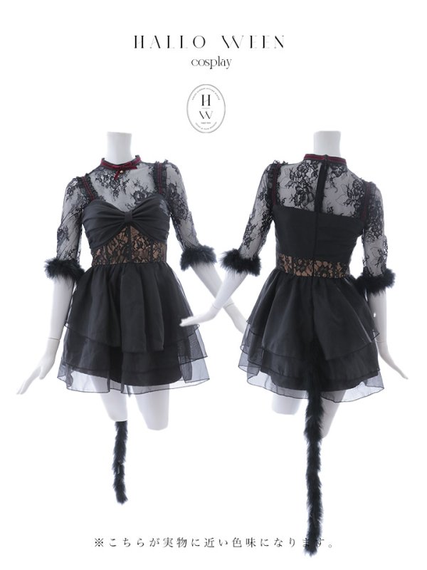 画像20: 【SALE!!】【即日発送！】【ハロウィン】 黒猫シアーレースワンピース 【コスプレ5点セット】 【S-XLサイズ/1カラー】[OF04] (20)