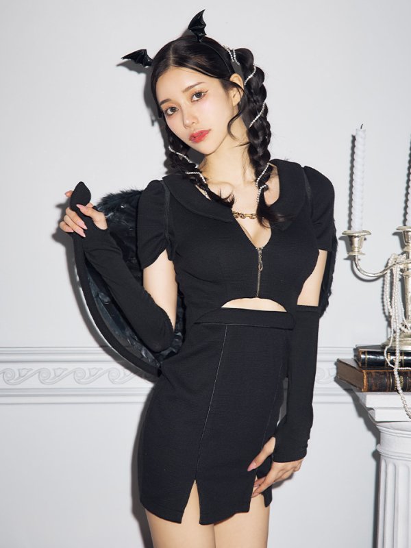 画像2: 【SALE!!】【即日発送！】【ハロウィン】アームカバー付きデビルミニワンピ 【コスプレ5点セット】【XS-Lサイズ/1カラー】[OF04-H] (2)