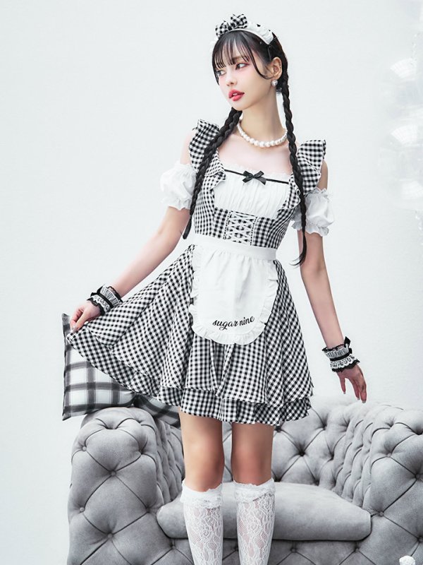 画像10: 【SALE!!】【即日発送！】【ハロウィン】ギンガムチェックメイドワンピース 【コスプレ5点セット】[OF04] (10)