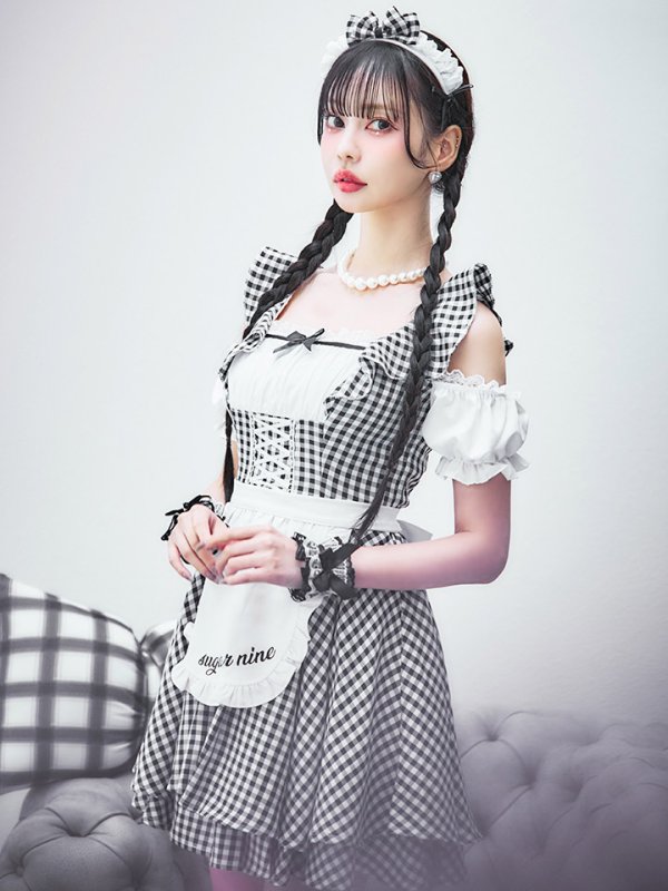 画像2: 【SALE!!】【即日発送！】【ハロウィン】ギンガムチェックメイドワンピース 【コスプレ5点セット】[OF04] (2)