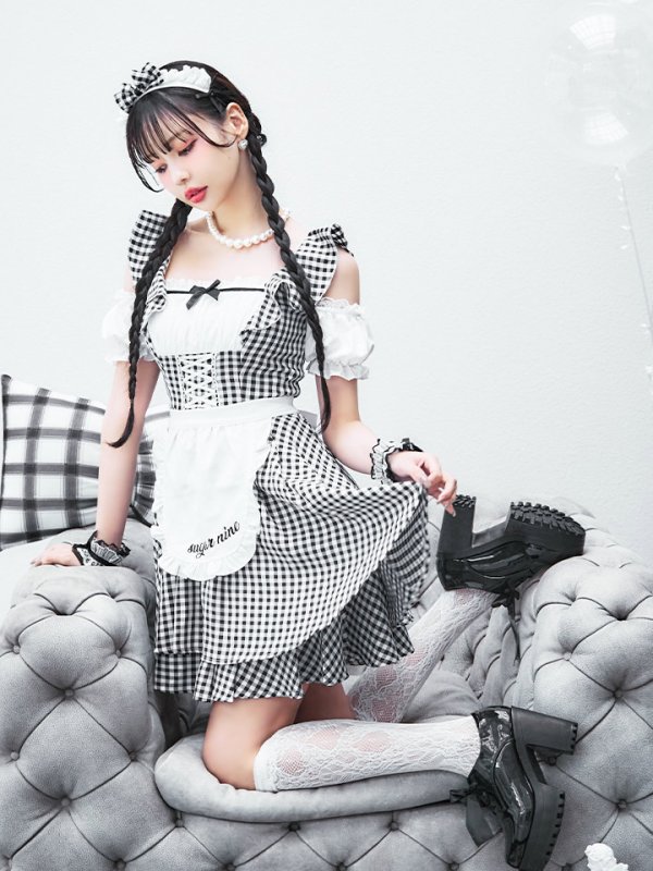 画像3: 【SALE!!】【即日発送！】【ハロウィン】ギンガムチェックメイドワンピース 【コスプレ5点セット】[OF04] (3)
