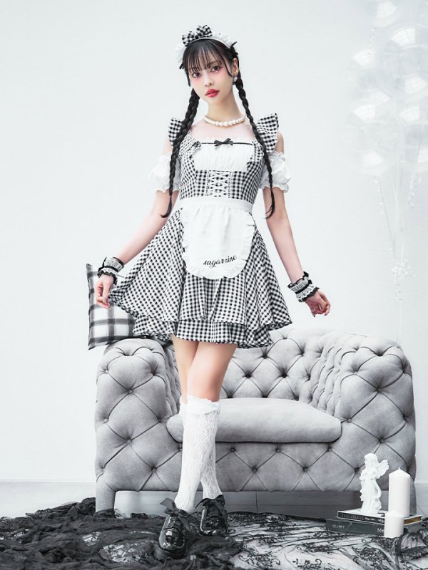 画像4: 【SALE!!】【即日発送！】【ハロウィン】ギンガムチェックメイドワンピース 【コスプレ5点セット】[OF04] (4)