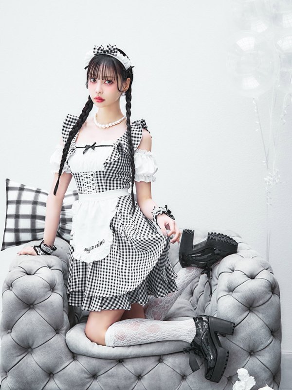 画像5: 【SALE!!】【即日発送！】【ハロウィン】ギンガムチェックメイドワンピース 【コスプレ5点セット】[OF04] (5)