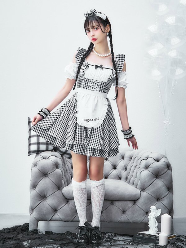 画像7: 【SALE!!】【即日発送！】【ハロウィン】ギンガムチェックメイドワンピース 【コスプレ5点セット】[OF04] (7)