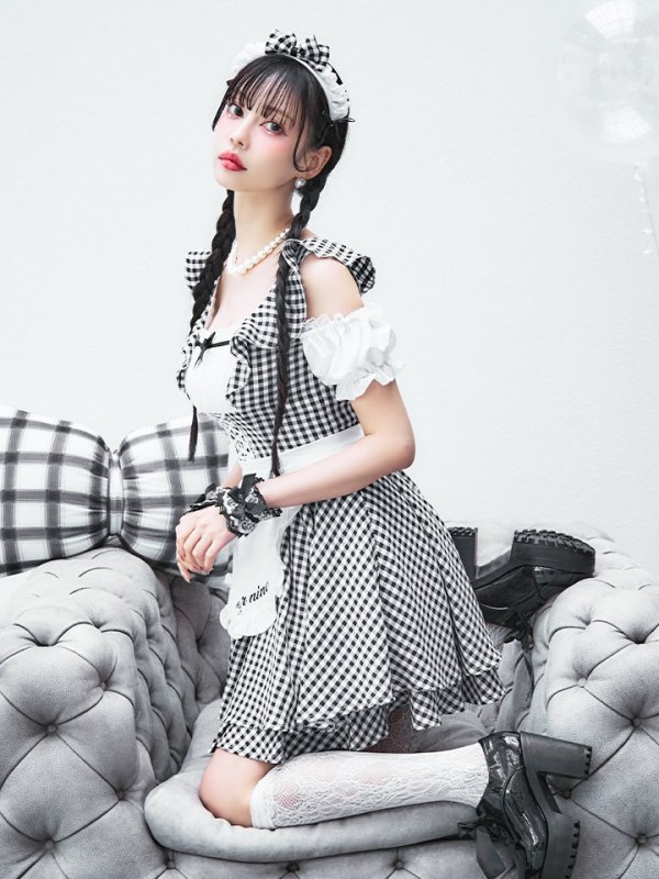 画像8: 【SALE!!】【即日発送！】【ハロウィン】ギンガムチェックメイドワンピース 【コスプレ5点セット】[OF04] (8)
