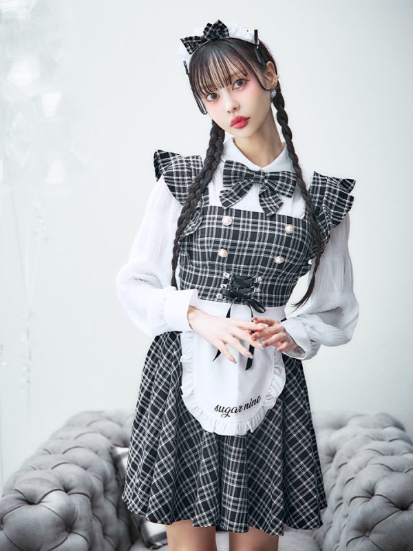 画像10: 【即日発送！】【ハロウィン】ブラックチェックメイドワンピース 【コスプレ5点セット】[YMT] (10)