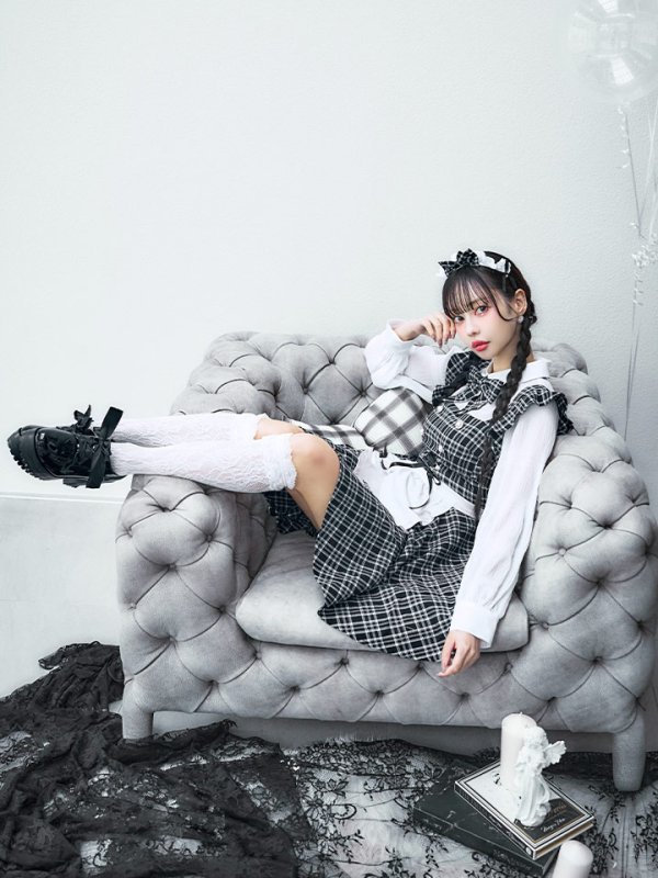 画像11: 【即日発送！】【ハロウィン】ブラックチェックメイドワンピース 【コスプレ5点セット】[YMT] (11)