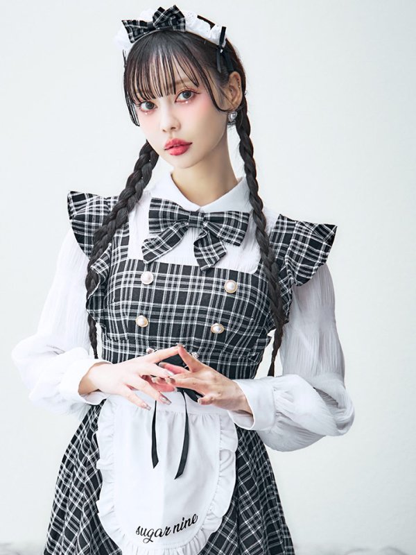 画像12: 【即日発送！】【ハロウィン】ブラックチェックメイドワンピース 【コスプレ5点セット】[YMT] (12)