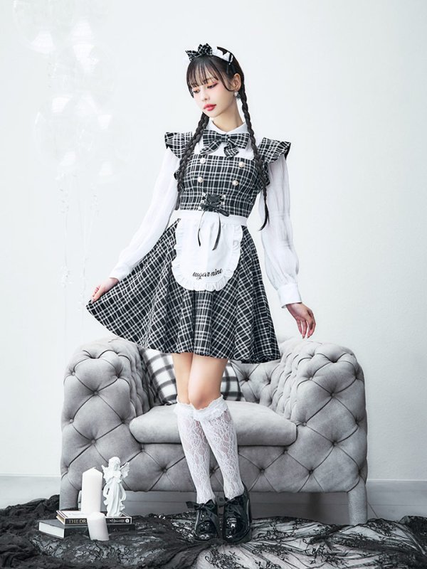 画像14: 【即日発送！】【ハロウィン】ブラックチェックメイドワンピース 【コスプレ5点セット】[YMT] (14)