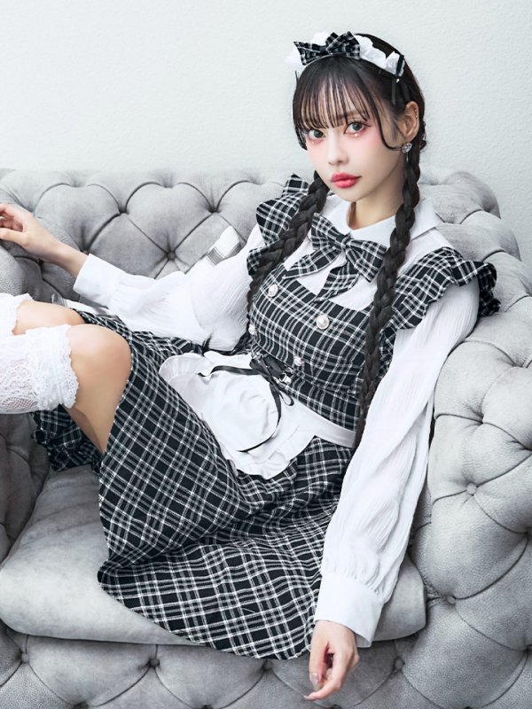 画像15: 【即日発送！】【ハロウィン】ブラックチェックメイドワンピース 【コスプレ5点セット】[YMT] (15)