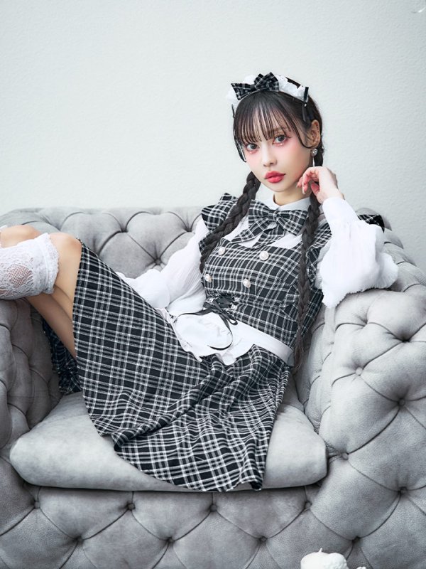 画像16: 【即日発送！】【ハロウィン】ブラックチェックメイドワンピース 【コスプレ5点セット】[YMT] (16)