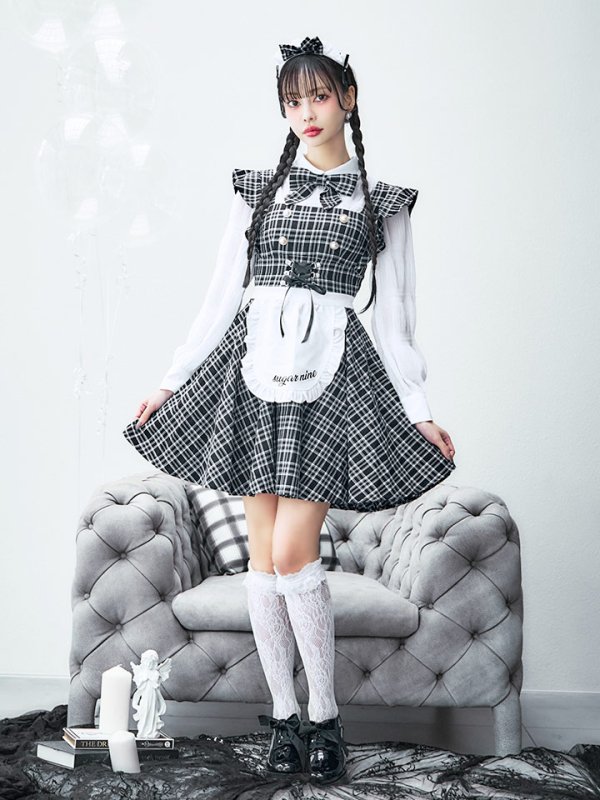 画像18: 【即日発送！】【ハロウィン】ブラックチェックメイドワンピース 【コスプレ5点セット】[YMT] (18)