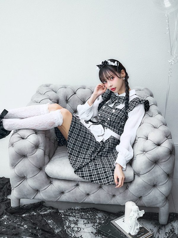 画像3: 【即日発送！】【ハロウィン】ブラックチェックメイドワンピース 【コスプレ5点セット】[YMT] (3)