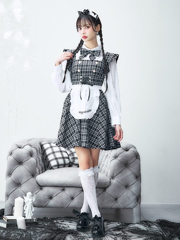 画像4: 【即日発送！】【ハロウィン】ブラックチェックメイドワンピース 【コスプレ5点セット】[YMT] (4)