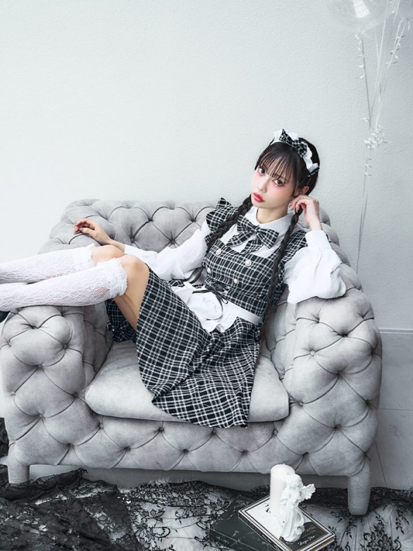 画像5: 【即日発送！】【ハロウィン】ブラックチェックメイドワンピース 【コスプレ5点セット】[YMT] (5)