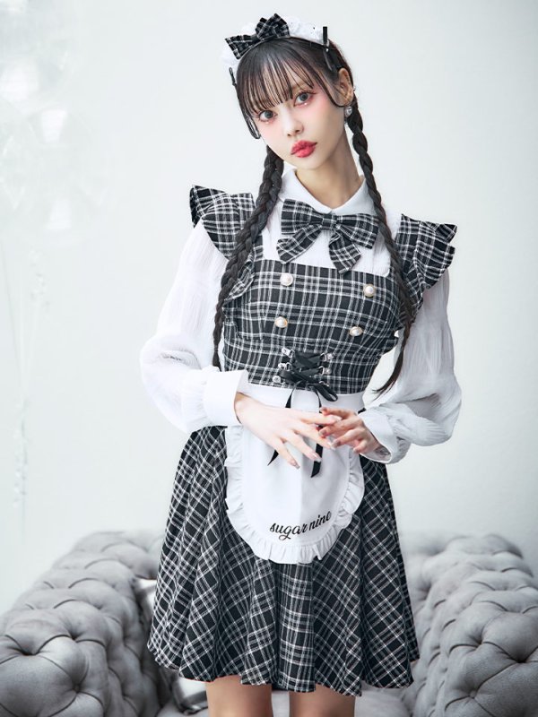 画像6: 【即日発送！】【ハロウィン】ブラックチェックメイドワンピース 【コスプレ5点セット】[YMT] (6)