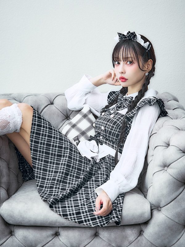 画像7: 【即日発送！】【ハロウィン】ブラックチェックメイドワンピース 【コスプレ5点セット】[YMT] (7)