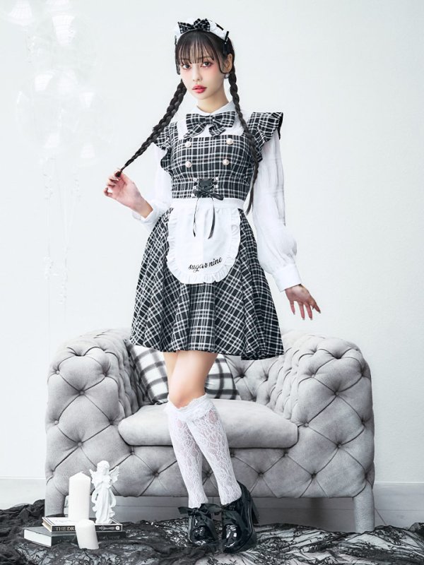 画像8: 【即日発送！】【ハロウィン】ブラックチェックメイドワンピース 【コスプレ5点セット】[YMT] (8)