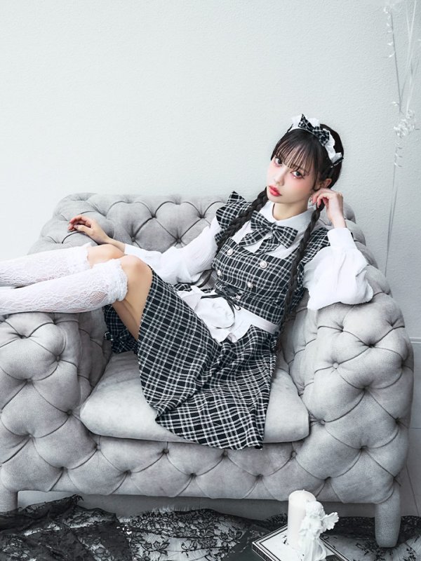 画像9: 【即日発送！】【ハロウィン】ブラックチェックメイドワンピース 【コスプレ5点セット】[YMT] (9)