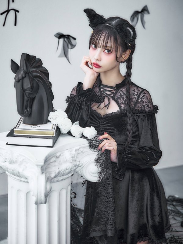 画像13: 【SALE!!】【即日発送！】【ハロウィン】ブラックキャットベロアワンピース 【コスプレ3点セット】[OF04] (13)