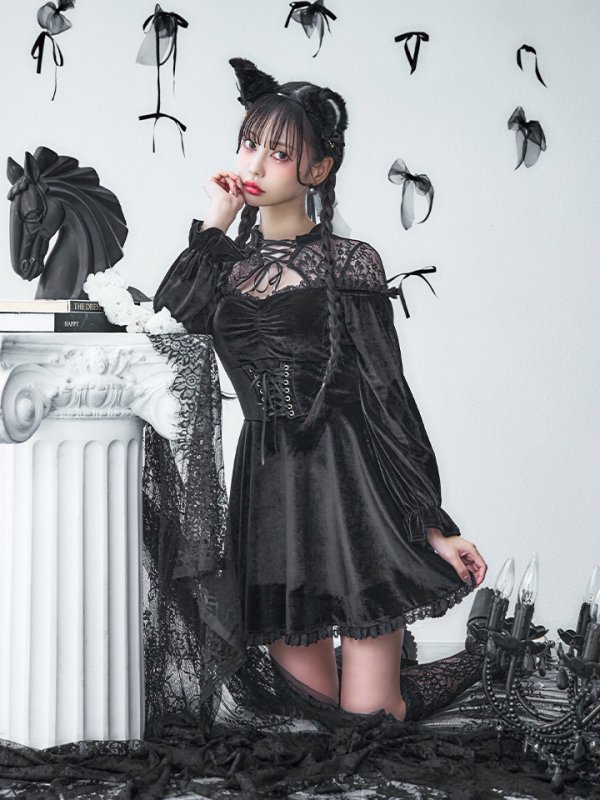 画像3: 【SALE!!】【即日発送！】【ハロウィン】ブラックキャットベロアワンピース 【コスプレ3点セット】[OF04] (3)