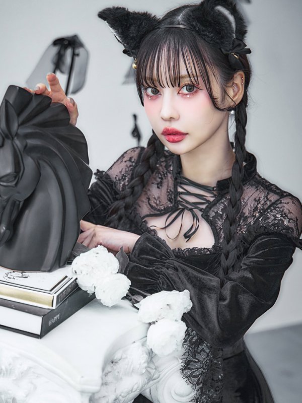 画像6: 【SALE!!】【即日発送！】【ハロウィン】ブラックキャットベロアワンピース 【コスプレ3点セット】[OF04] (6)