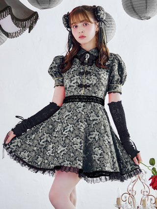 花柄刺繍レースドレス/ジップアップ/ビジュー/パール/チュール袖 シルバーホワイトカラーの透明感を表現した胸元花柄刺繍