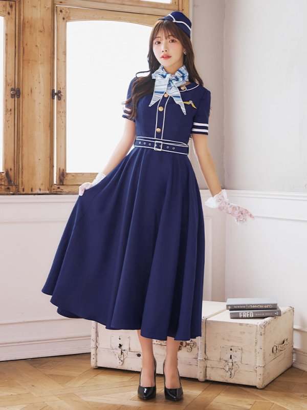 画像4: 【即日発送！】【ハロウィン】CAロングフレアワンピース 【コスプレ5点セット】 【S-XLサイズ/1カラー】[OF01] (4)