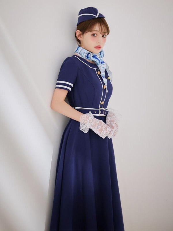画像1: 【即日発送！】【ハロウィン】CAロングフレアワンピース 【コスプレ5点セット】 【S-XLサイズ/1カラー】[OF01] (1)