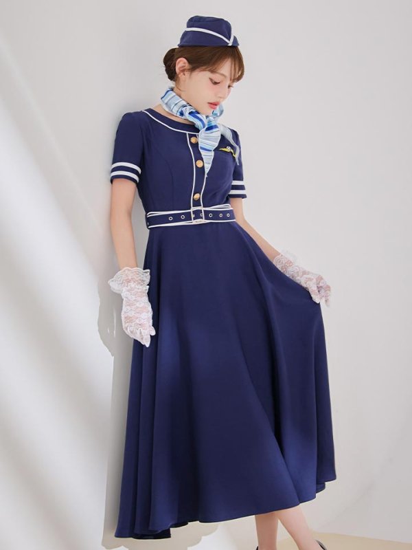 画像3: 【即日発送！】【ハロウィン】CAロングフレアワンピース 【コスプレ5点セット】 【S-XLサイズ/1カラー】[HC03] (3)