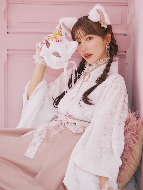 画像2: 【即日発送！】【ハロウィン】猫巫女レース袴 【コスプレ5点セット】 【FREEサイズ/2カラー】[OF01-OMN] (2)