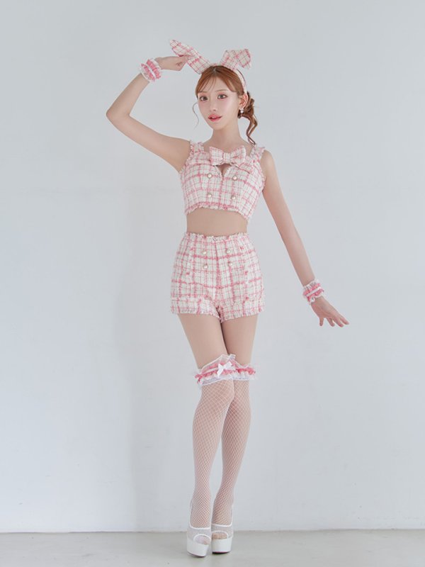 画像14: 【SALE!!】【即日発送】【ハロウィン】ツイードバニーリボンセットアップ（パンツ）【コスプレ6点セット】 【XS-Mサイズ/2カラー】[HC03] (14)