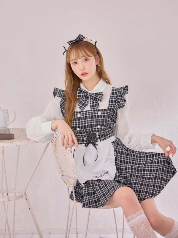 画像6: 【SALE!!】【即日発送！】【ハロウィン】ブラックチェックメイドワンピース 【コスプレ5点セット】[HC03] (6)