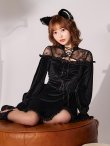 画像1: 【SALE!!】【即日発送！】【ハロウィン】ブラックキャットベロアワンピース 【コスプレ3点セット】[HC03] (1)