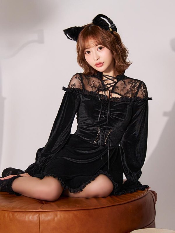 画像1: 【SALE!!】【即日発送！】【ハロウィン】ブラックキャットベロアワンピース 【コスプレ3点セット】[HC03] (1)