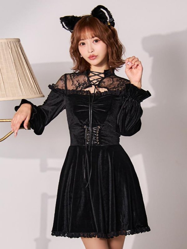 画像8: 【SALE!!】【即日発送！】【ハロウィン】ブラックキャットベロアワンピース 【コスプレ3点セット】[HC03] (8)